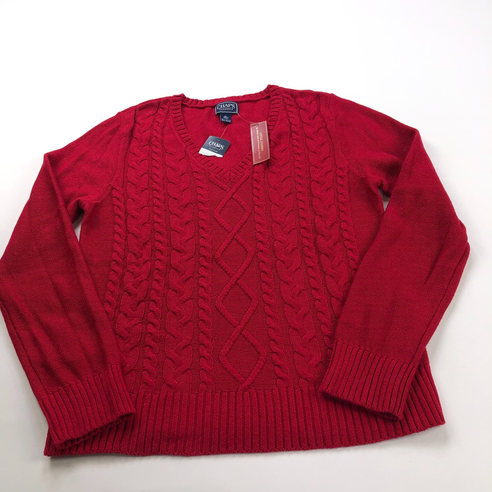 Chaps NEW XL Cable Knit Acrylic Women's V-Neck Pullover Sweater Red